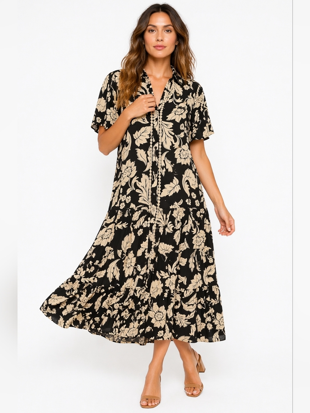 Button-Front Floral Maxi Dress in Black and Cream
